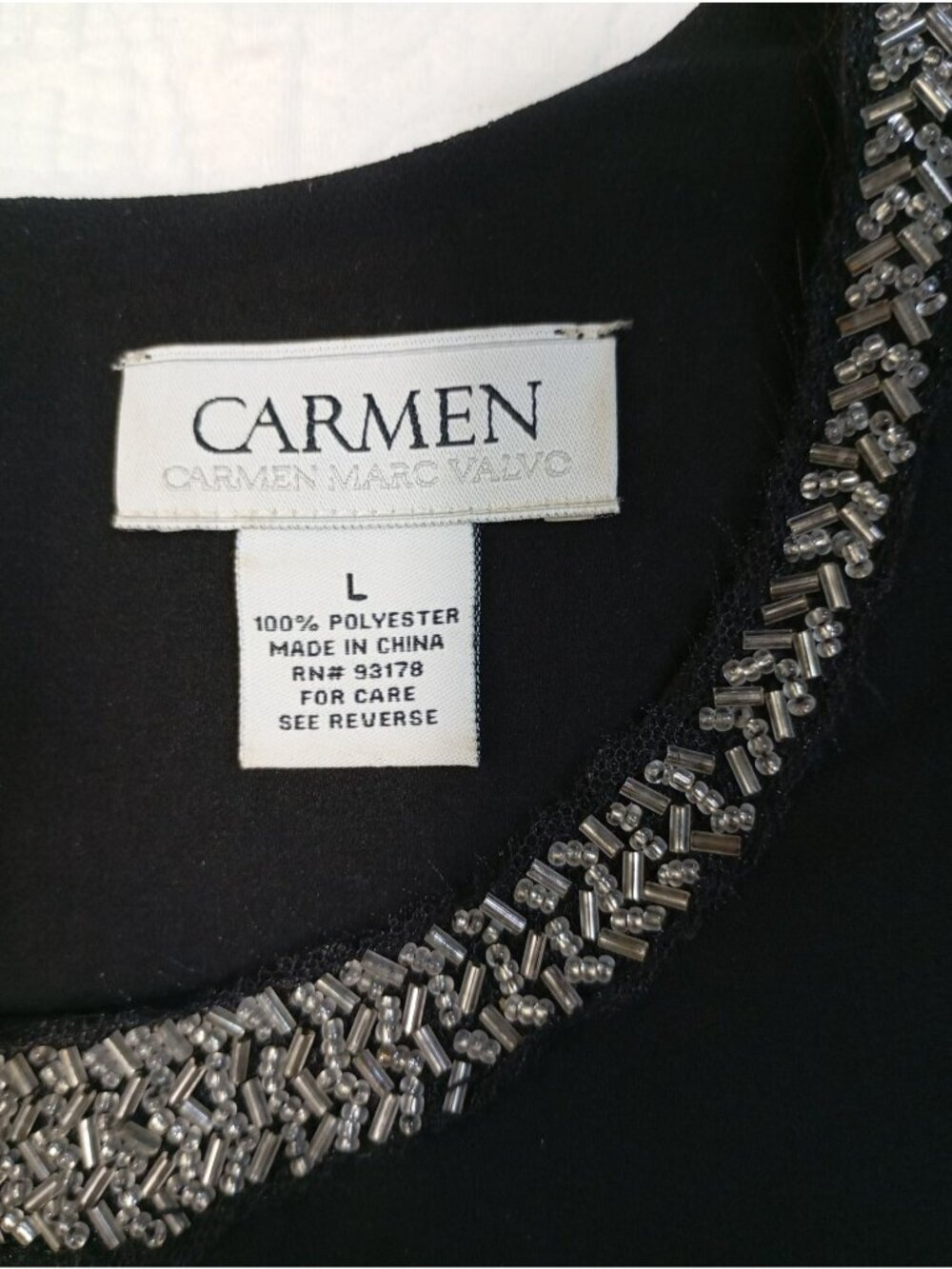 Carmen Marc Valvo Black Beaded Neckline Blouse Pleated Back Hem Womens Large - Picture 2 of 8